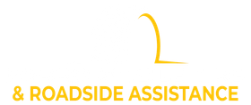 A yellow abstract curved logo above the text "& ROADSIDE ASSISTANCE."
