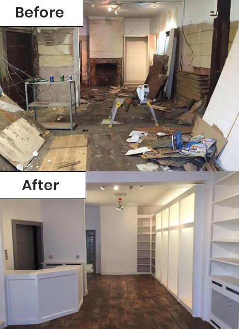 Before and after view of a room renovation: messy demolition to a finished white-walled space with built-in shelving.