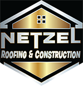Logo for Netzel Roofing & Construction: silver and gold design on black background.