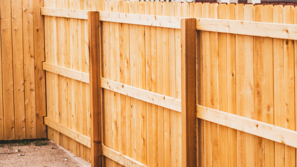 Wooden fence with vertical planks, brown posts, and horizontal supports, outdoors.