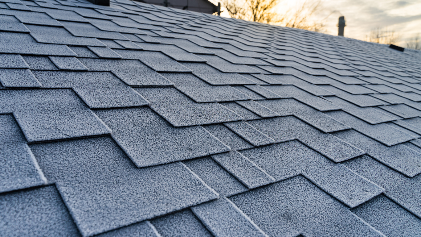 Close-up view of a gray shingle roof on a house, showing the texture and pattern of the shingles.