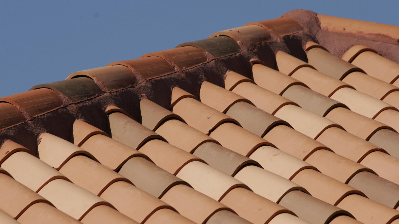 Clay roof tiles, varying shades of brown and tan, against a clear blue sky.