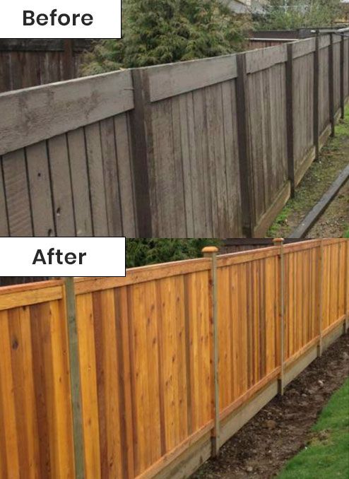 Before and after photos of a wooden fence, showing it cleaned and stained, transforming its appearance.
