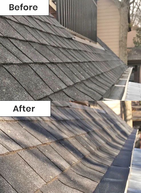 Before and after roof and gutter cleaning. Dark gray shingles, silver gutters.