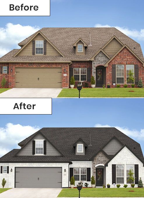 House exterior transformation: Before shows tan/red brick, brown roof; After shows white/grey brick, dark gray roof.