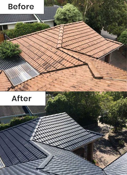Before and after comparison of a roof: old, brown tiles versus new, dark grey tiles.