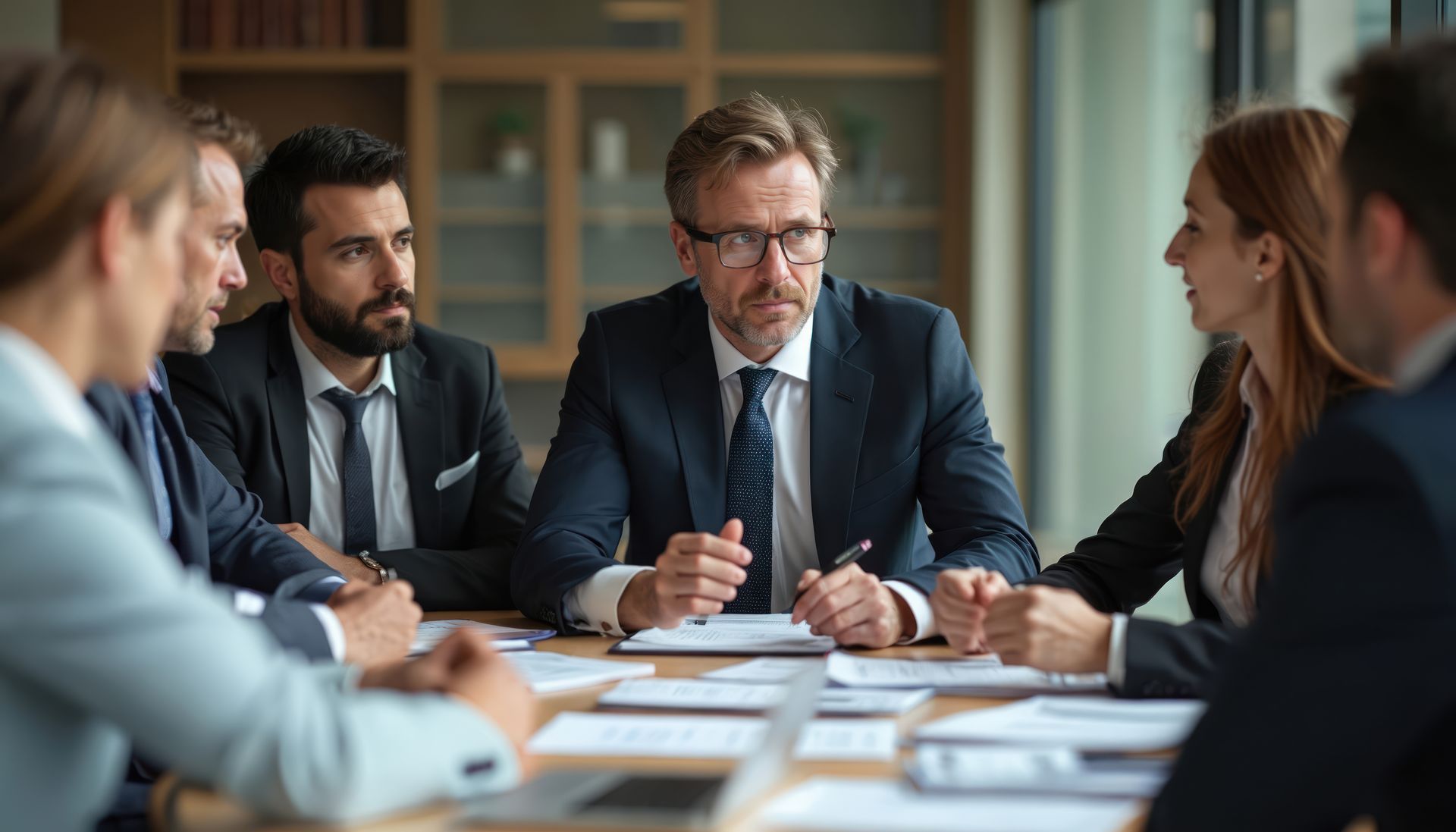 Group lawyers collaborate in law firm conference room.