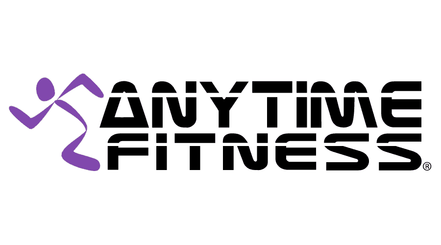 The logo for anytime fitness is purple and black.