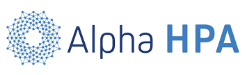 Logo for Alpha HPA, featuring a blue circular geometric pattern to the left of the company name in dark blue and blue text. — LS Plant Hire in Calliope, QLD