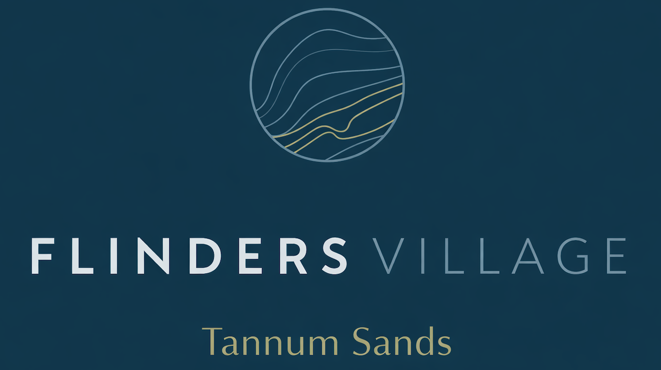 The Flinders Village Tannum Sands logo on a dark teal background with a circular line-art icon above white text.