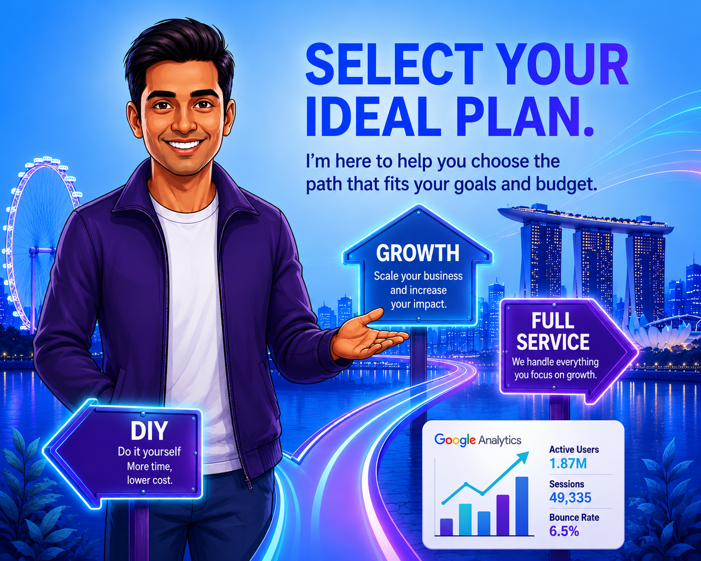 Man in purple jacket presents plan options on blue city backdrop with “Select your ideal plan” text