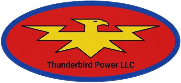 A red oval logo with a blue border featuring a yellow stylized thunderbird and the text "Thunderbird Power LLC."