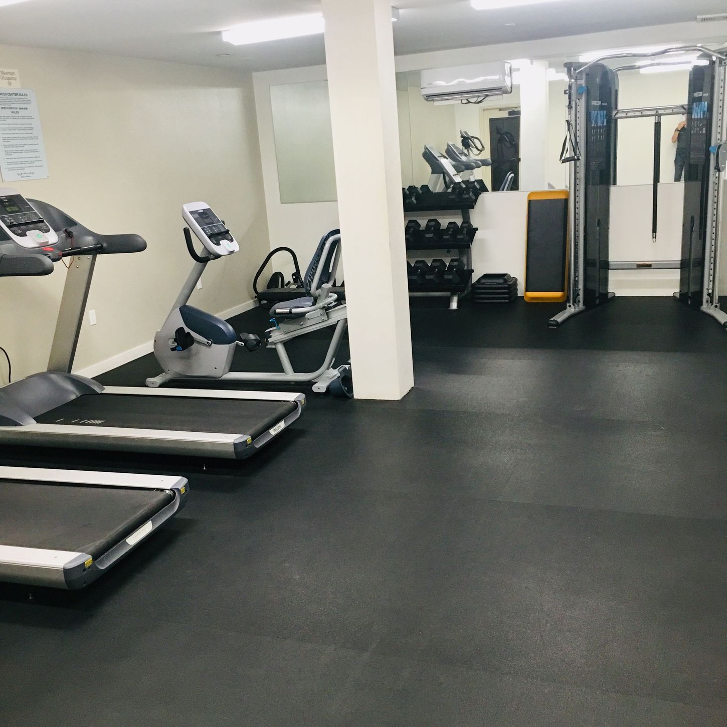 Gym interior with treadmills, stationary bike, dumbbells, and cable machine on black flooring.