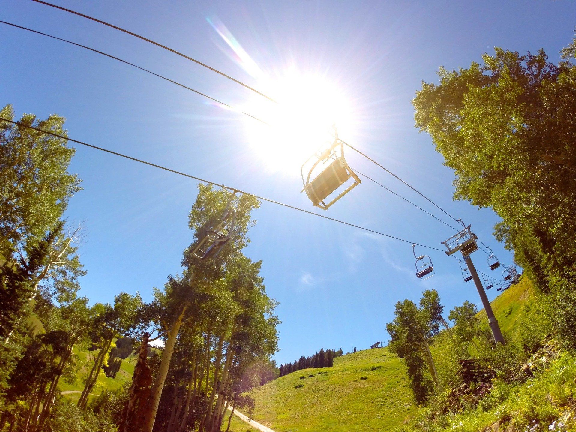 A ski lift ascends a grassy mountain under a bright sun. Trees line the sides of the lift.