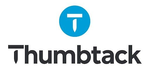 Thumbtack logo: blue circle with white T above black wordmark on white background