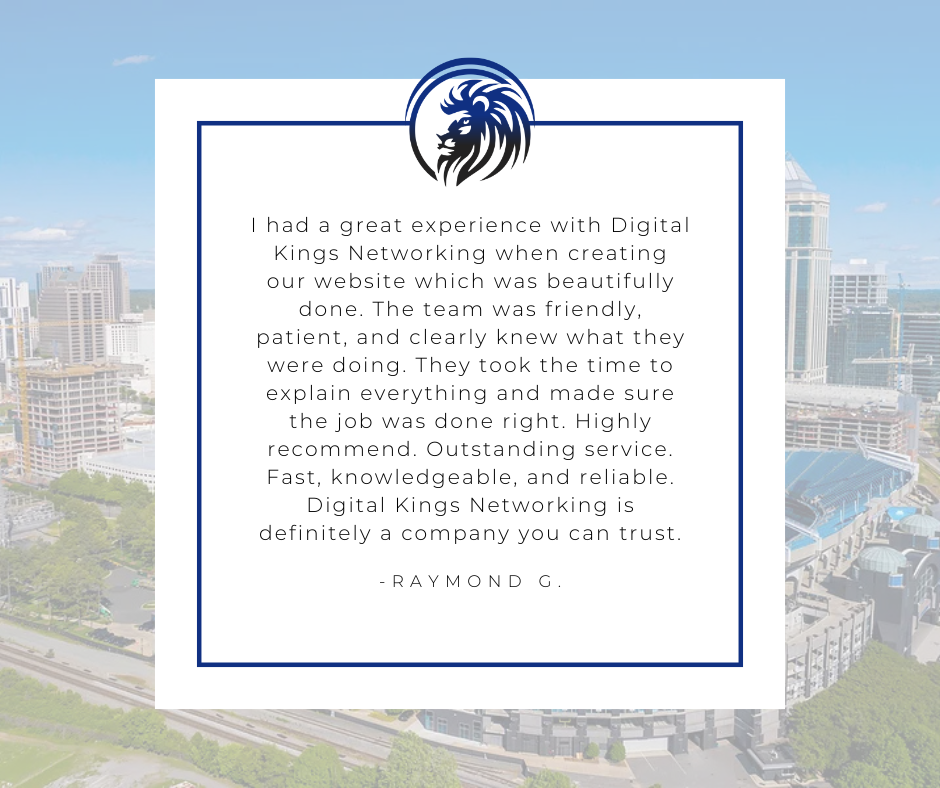White testimonial card on a blue cityscape background with a logo and text about Digital Kings Network.