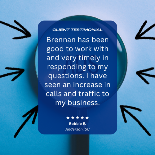 spotify ads charlotte nc Client testimonial: Brennan is good to work with. Increased calls and traffic. Blue square with magnifying glass and arrows.