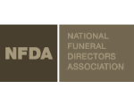 Logo of the National Funeral Directors Association: brown text on a two-toned brown background.