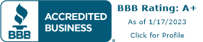 BBB Accredited Business logo with an A+ rating as of 1/17/2023.