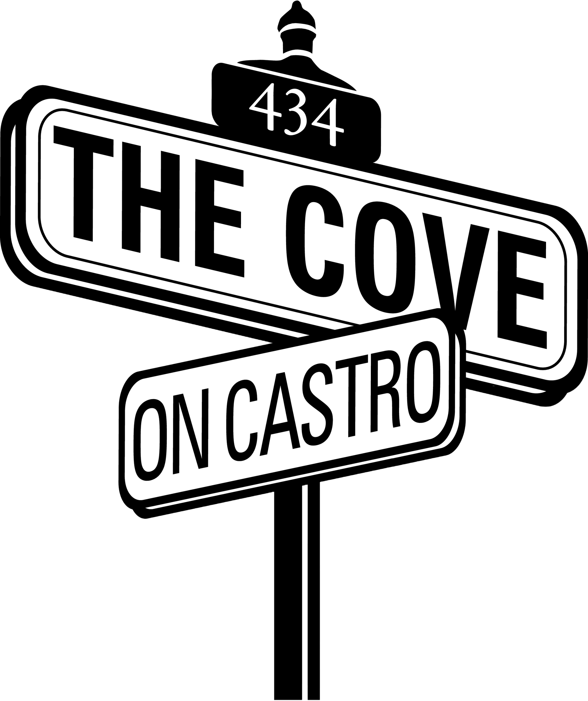 Street sign reading “The Cove” and “On Castro” with 434 above it, in black and white.