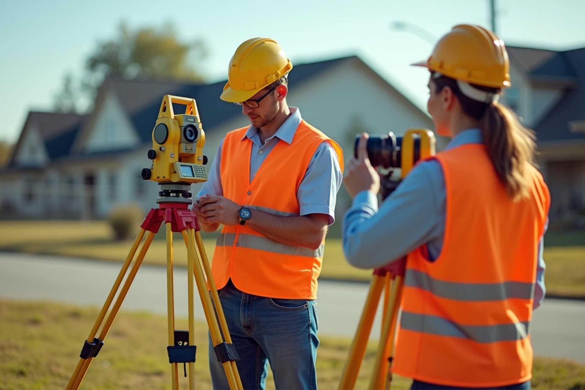 A man and a woman are working on a theodolite.