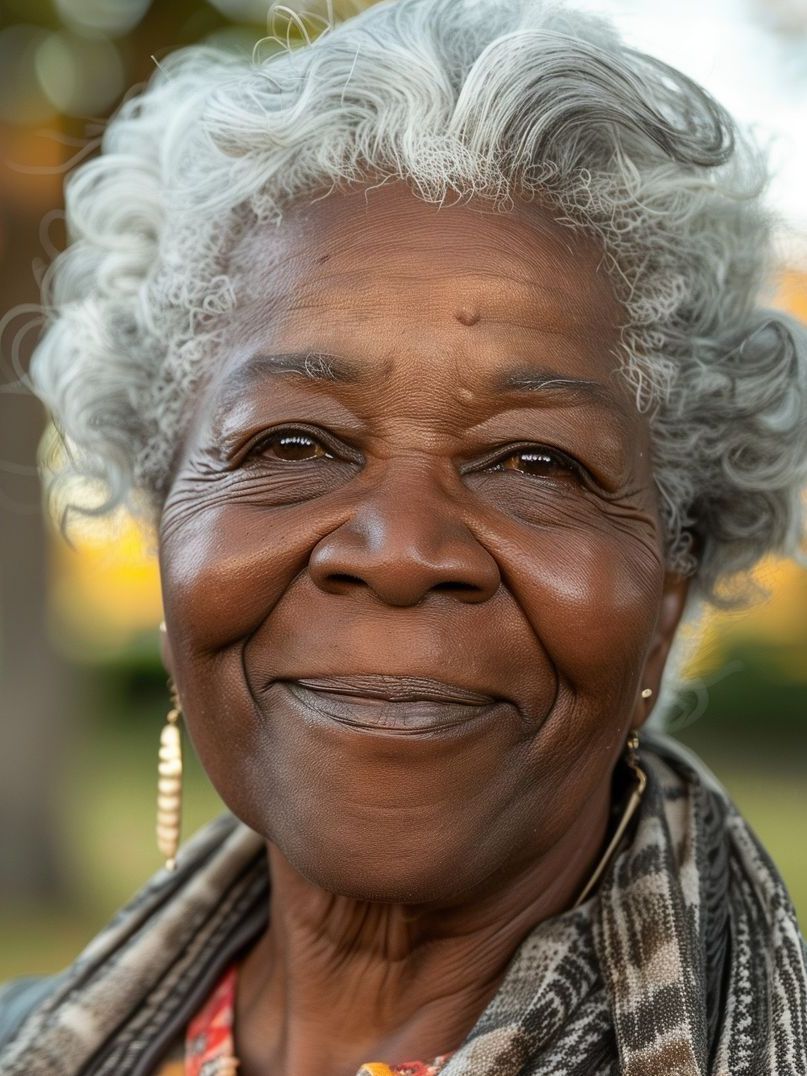 Une femme âgée aux cheveux gris sourit à la caméra.