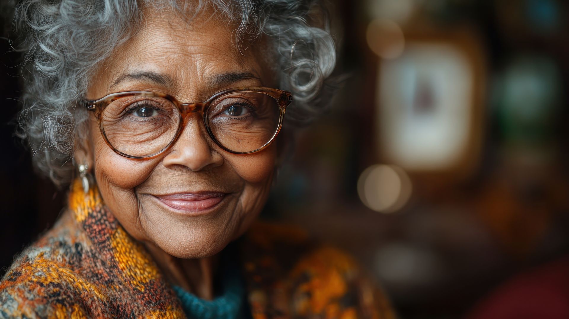 Une femme âgée portant des lunettes et un foulard sourit à la caméra.