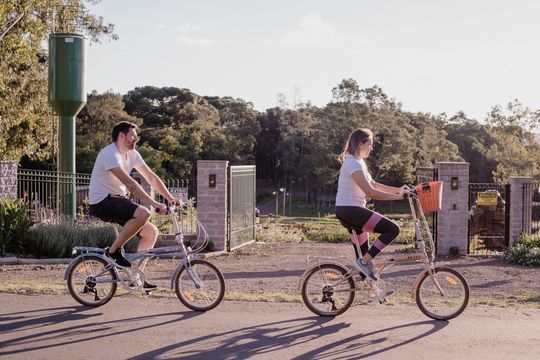 Um homem e uma mulher estão andando de bicicleta em uma estrada.