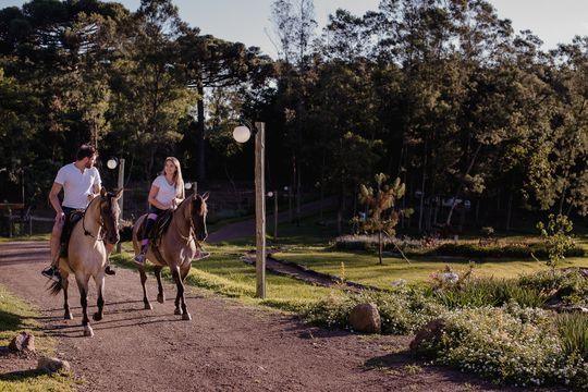 Um homem e uma mulher andam a cavalo por uma estrada de terra.