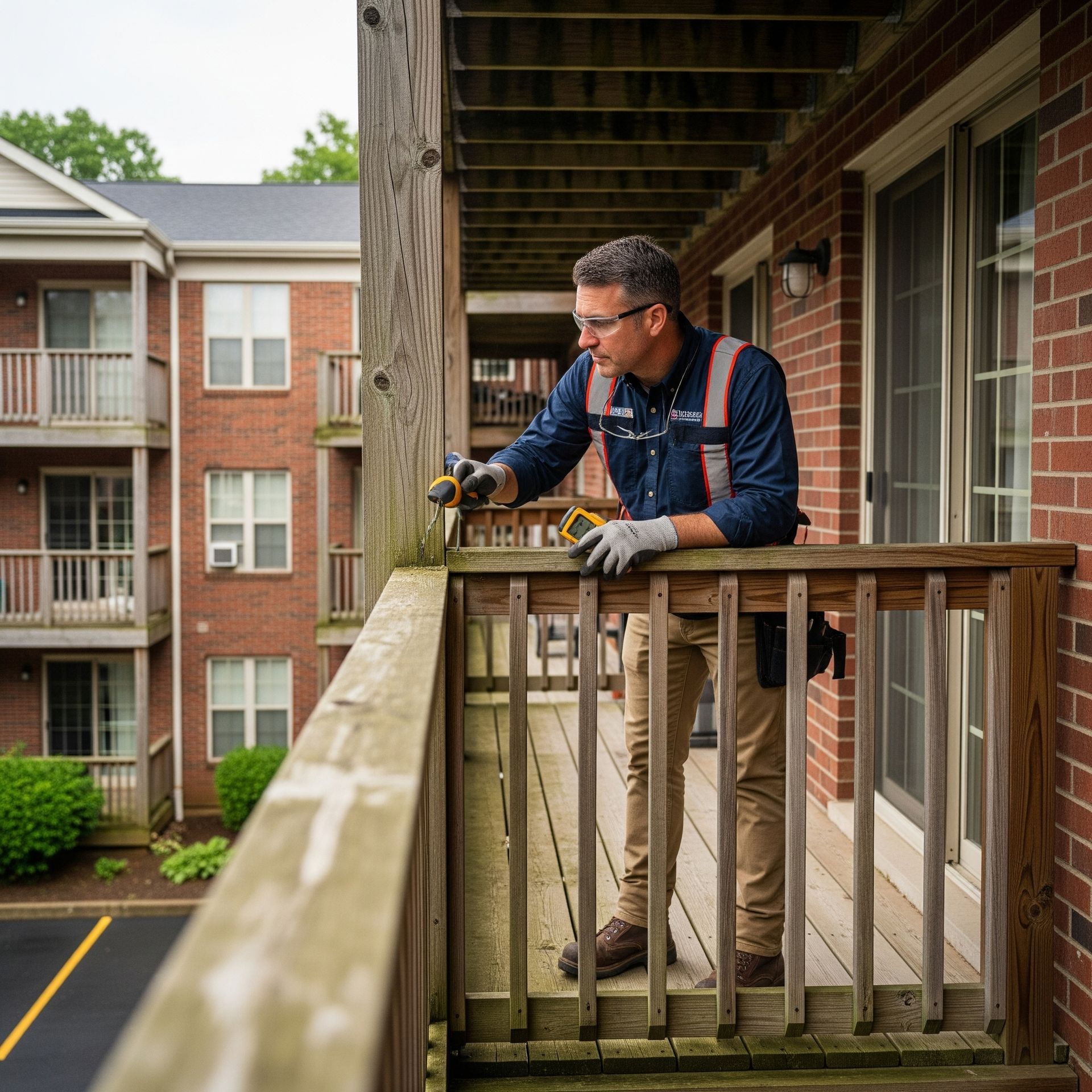 A professional inspector examining a wooden balcony on a multi-family building with a moisture meter