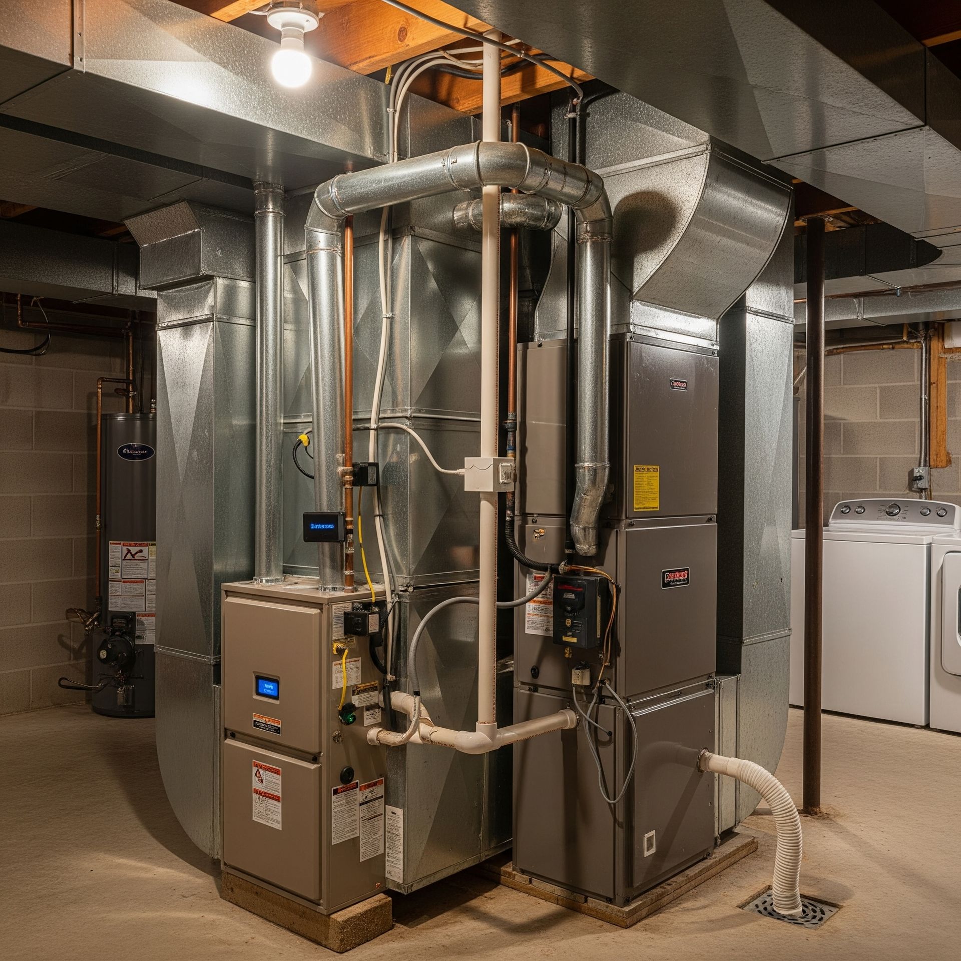 A central home HVAC system with a furnace, air conditioning unit, and ductwork in a basement.