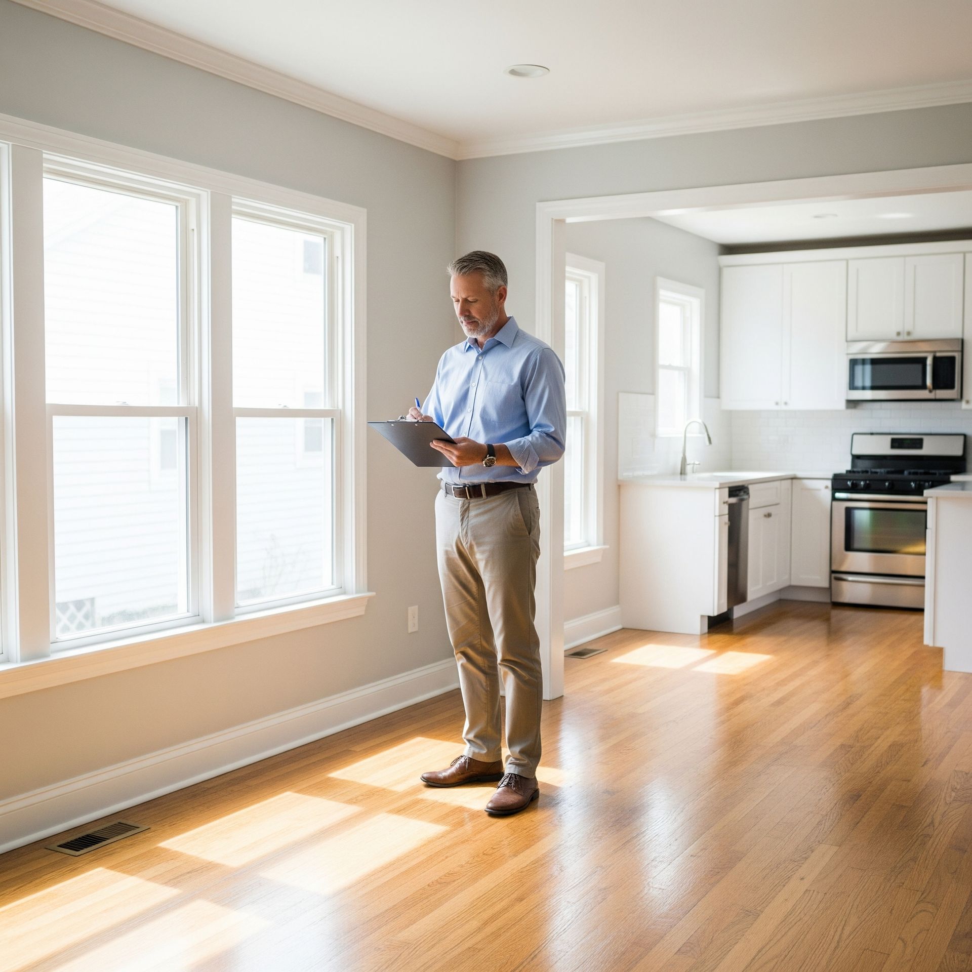 A landlord with a clipboard inspecting a clean, empty living room with new hardwood floors.