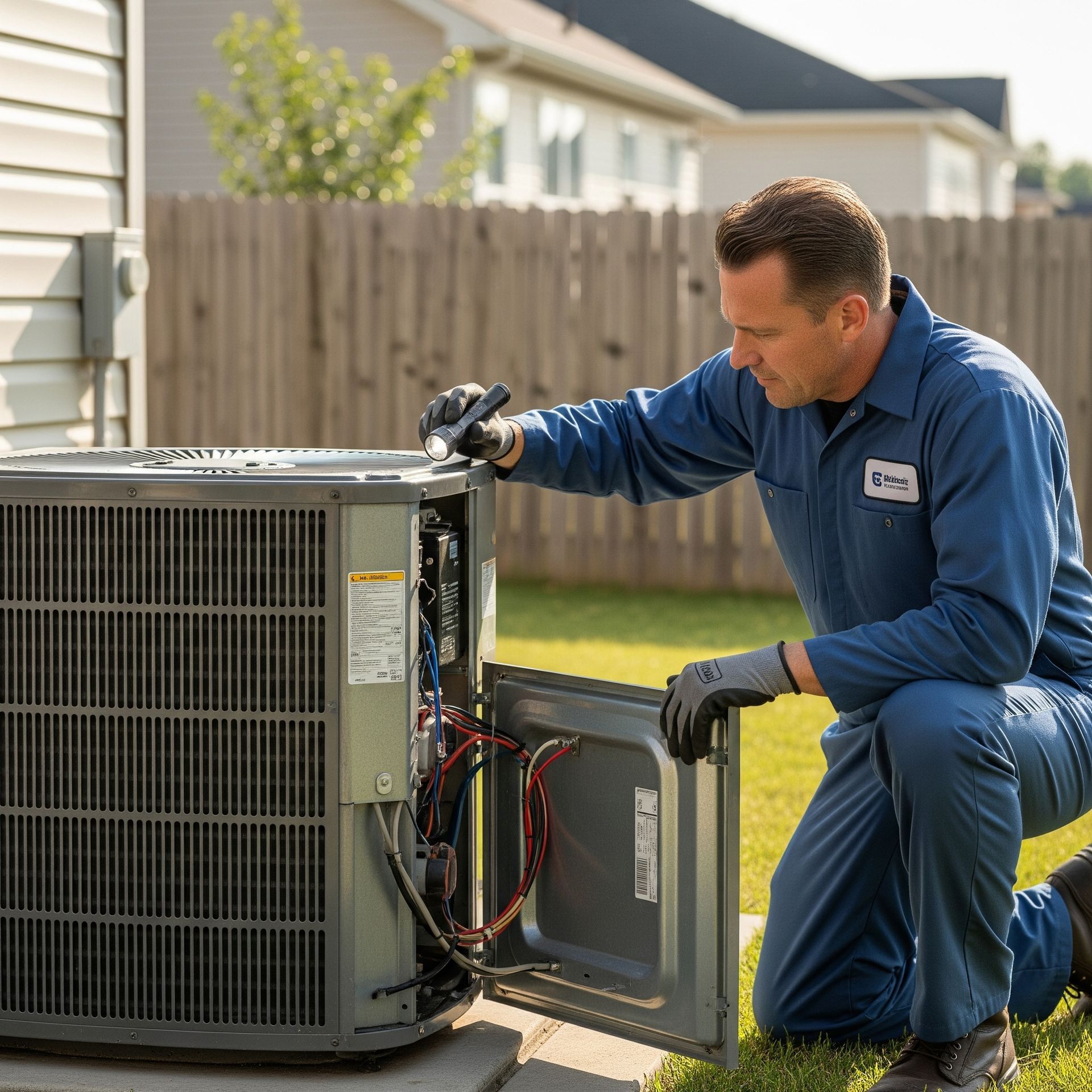 A professional HVAC technician inspecting an outdoor air conditioning unit.