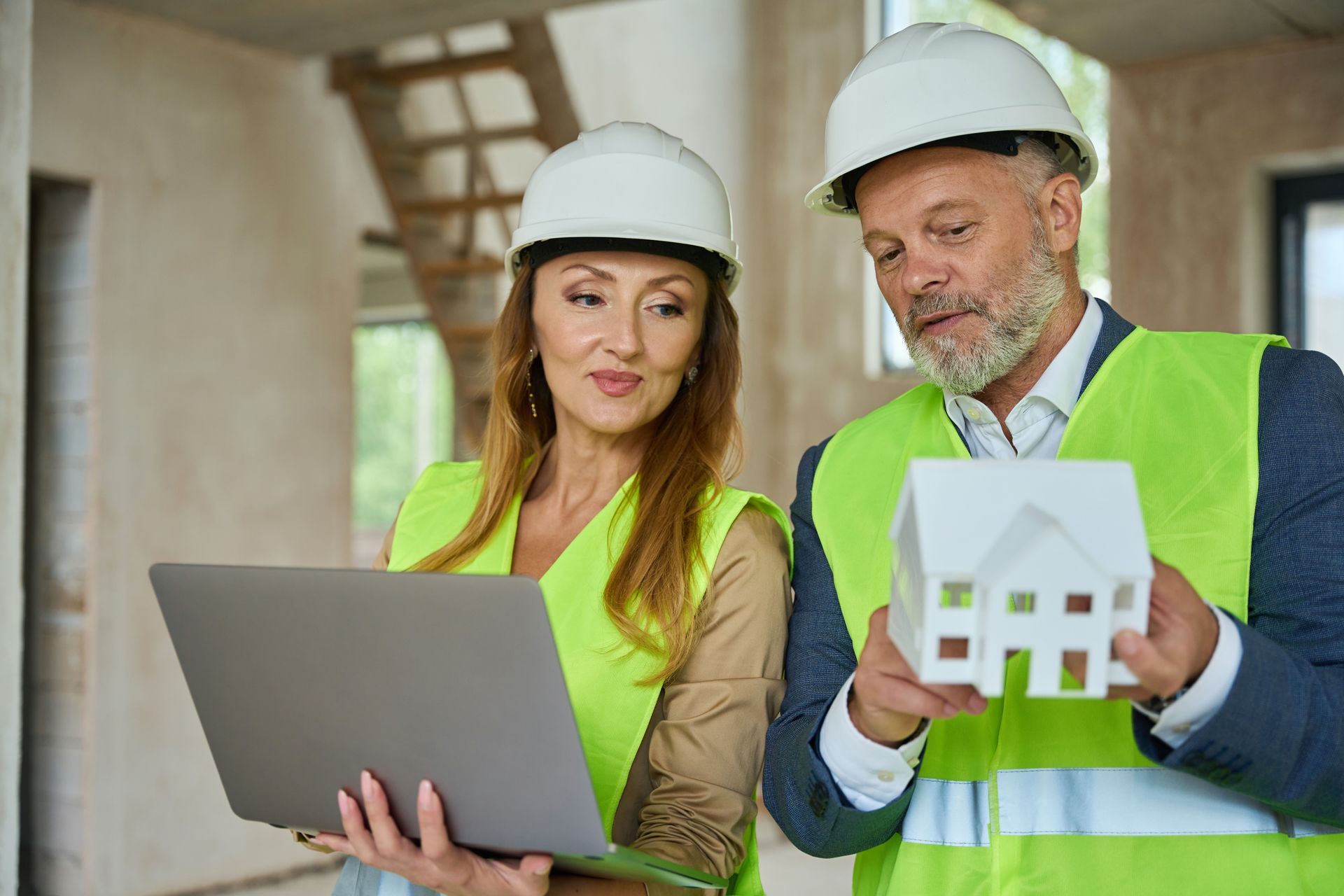 A man and a woman are looking at a laptop while holding a model of a house.