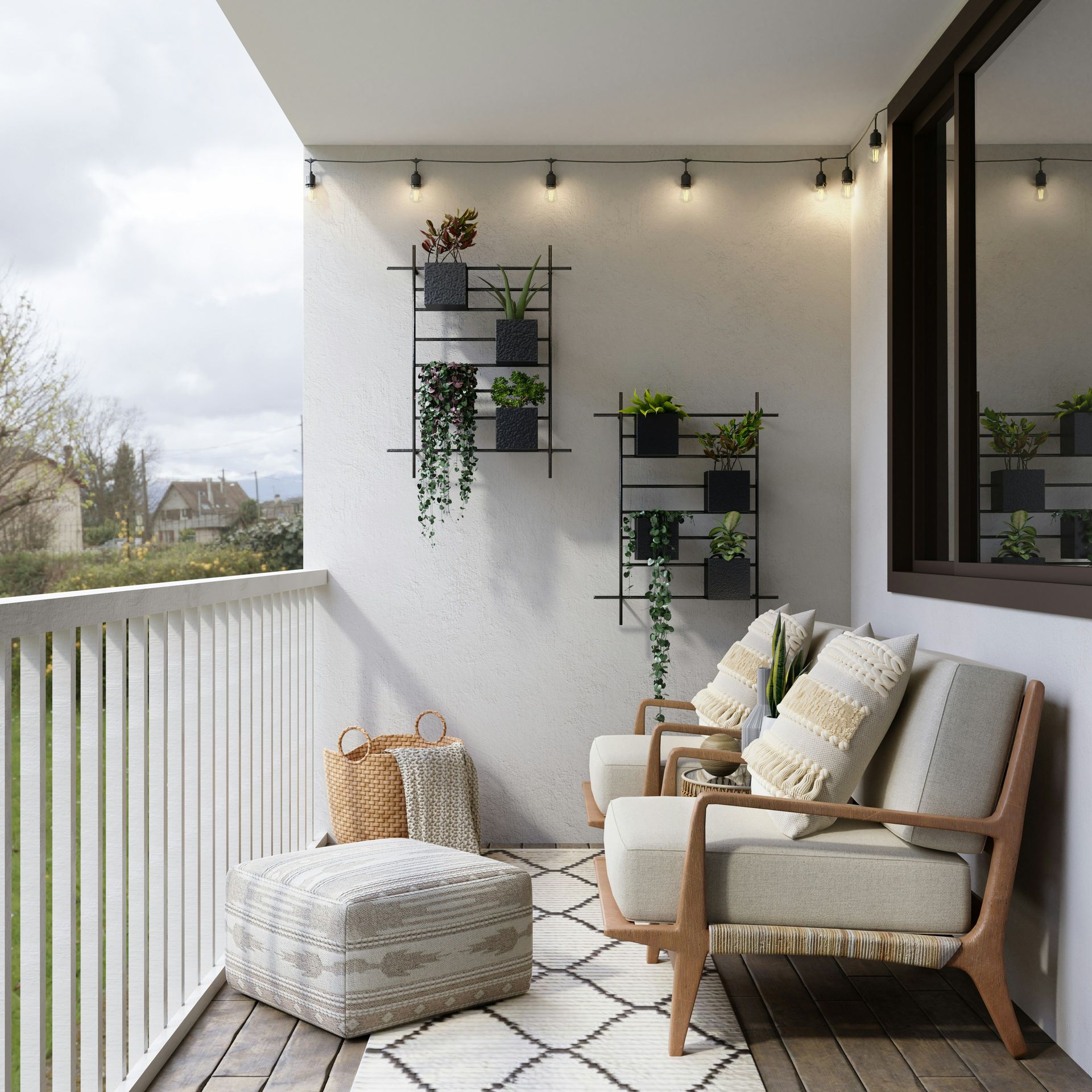 A balcony with white walls, white upholstered chairs, wood deck, white rug, walled plants.
