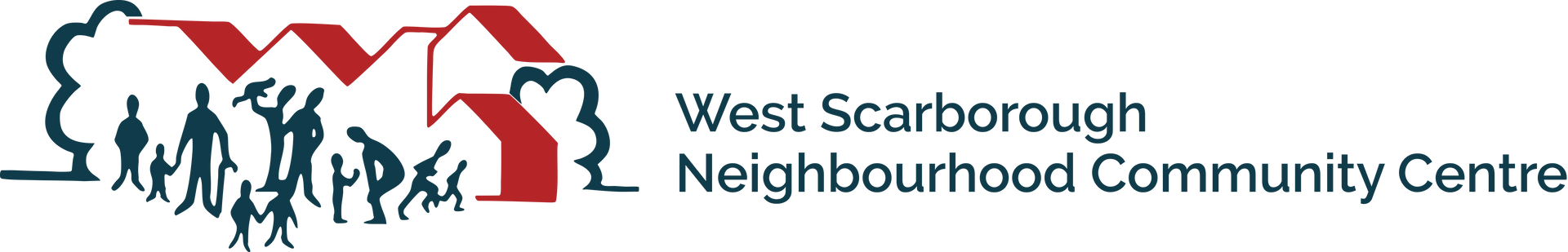 Logo of West Scarborough Neighbourhood Community Centre. Red houses, silhouette people, tree.