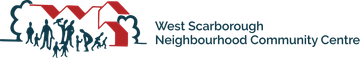 Logo of West Scarborough Neighbourhood Community Centre. Red houses, silhouette people, tree.