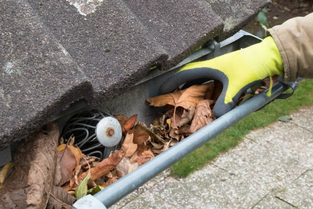 Person in yellow glove cleans debris from a rain gutter with a metal tool.