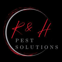 K & H Pest Solutions logo, red script initials, white circle, black background.
