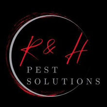 K & H Pest Solutions logo, red script initials, white circle, black background.