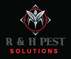 K & H Pest Solutions logo, red script initials, white circle, black background.