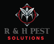 K & H Pest Solutions logo, red script initials, white circle, black background.