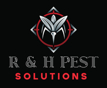K & H Pest Solutions logo, red script initials, white circle, black background.