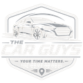 Logo for The Car Guys showing a car in a gray shield with the slogan “Your time matters. We come to you.”