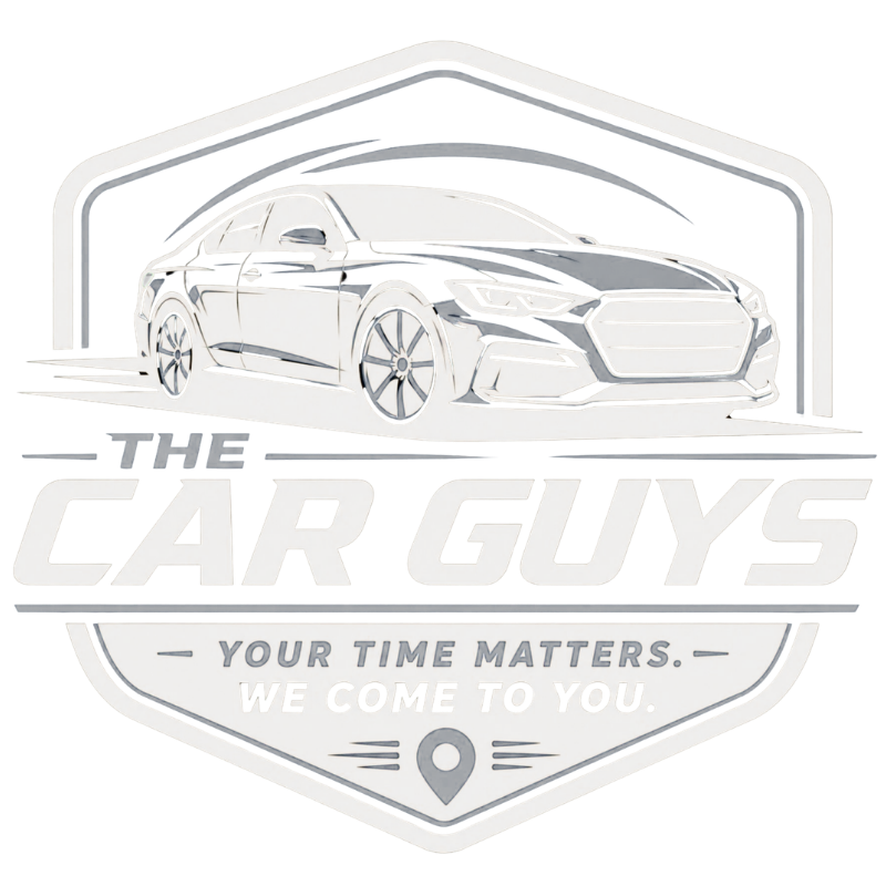 Logo for The Car Guys showing a car in a gray shield with the slogan &ldquo;Your time matters. We come to you.&rdquo;