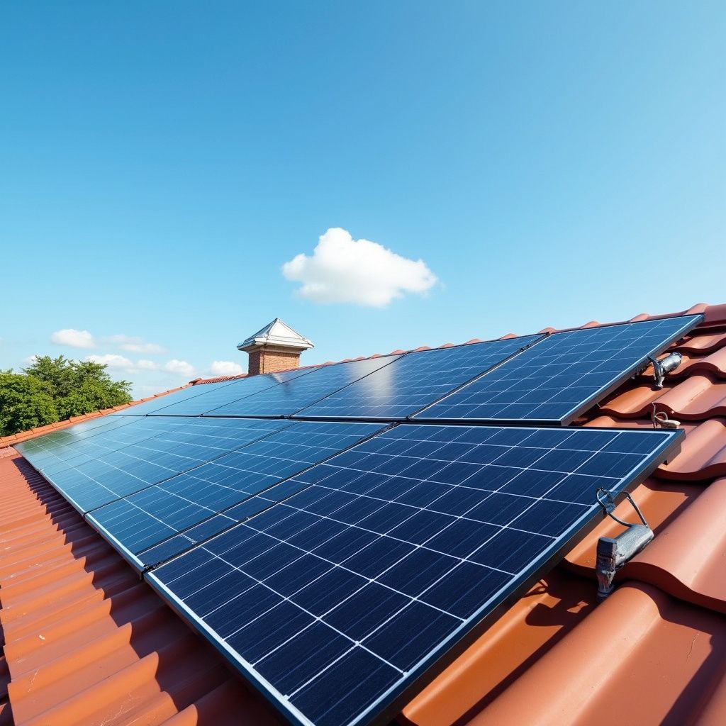 Zonnepanelen op een rood pannendak, blauwe lucht met een wolk op de achtergrond.
