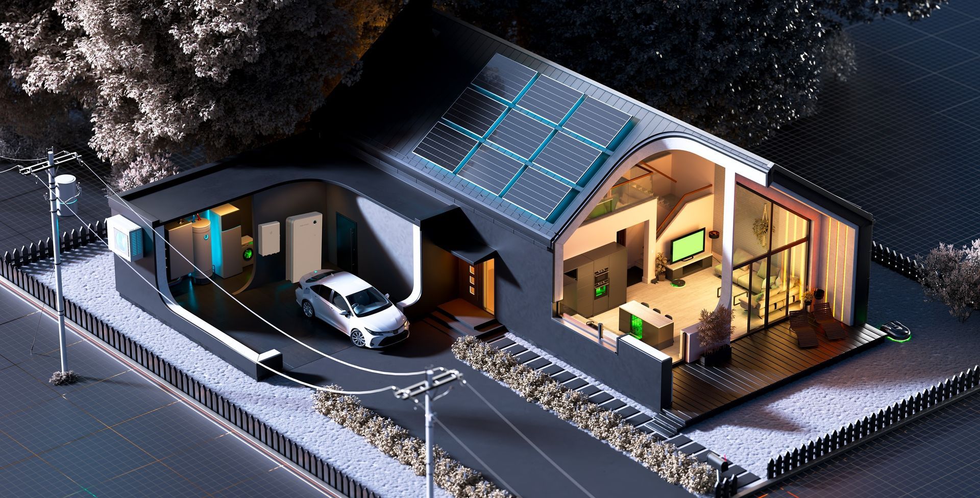 Doorsnede van een modern huis met zonnepanelen, een elektrische auto en een thuisbatterij van Sigenergy 's nachts.