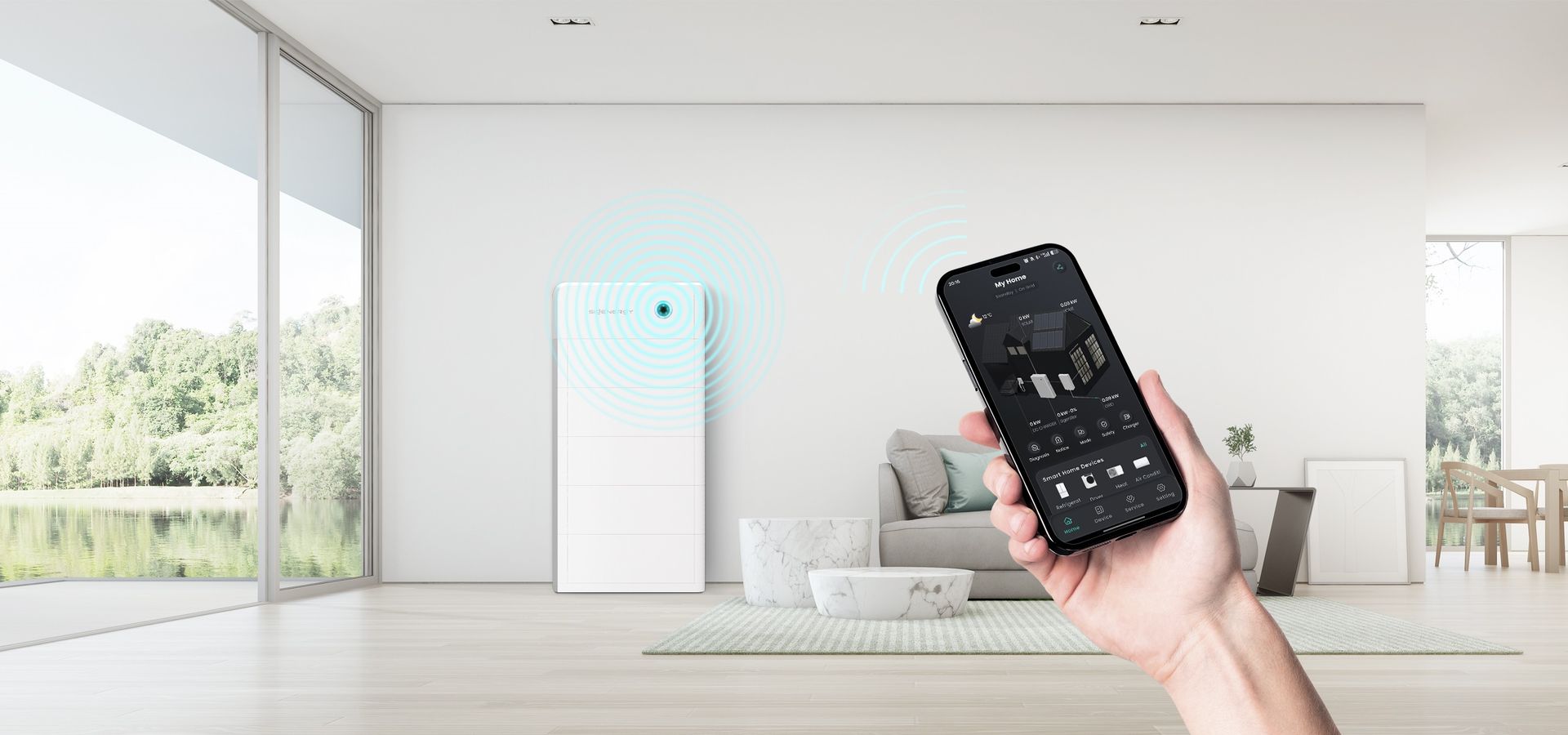 Een hand die een smartphone vasthoudt, bedient een witte slimme luchtreiniger. Minimalistisch interieur.