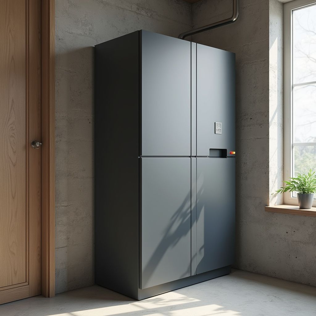 Donkergrijze keukenkastjes tegen een betonnen muur, vlakbij een houten deur en raam met een plant.