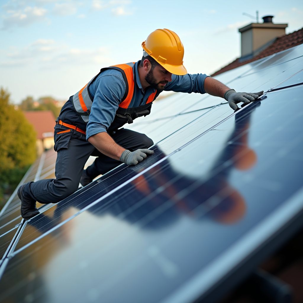Man in veiligheidsuitrusting installeert zonnepanelen op een dak.